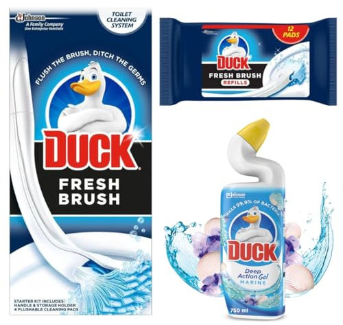 Toilet Duck Fresh Brush with Holder - Toilet Bowl Cleaner Starter Kit with Duck Fresh Brush Refill (12 Flushable Cleaning Pads) And Deep Action Gel Toilet Liquid Cleaner Marine 750ml