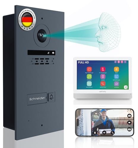 Mathfel 2-Draht Bus Video Türsprechanlage mit Gesichtserkennung & 2 Jahren Garantie – 9 Monitor, WLAN, 2MP HD Kamera, 170° Weitwinkel – Türklingel mit Kamera & Türöffner für 1-Familienhaus, Anthrazit