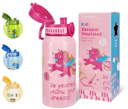 UZSPACE Botella Agua Acero Inoxidable para Niños 550ml, A Prueba de Fugas, Apertura de un Clic, Botella Agua Bebé Duradera, Cantimplora Infantil con Asa para Colegio, Niños y Niñas (Unicornio Rosa)