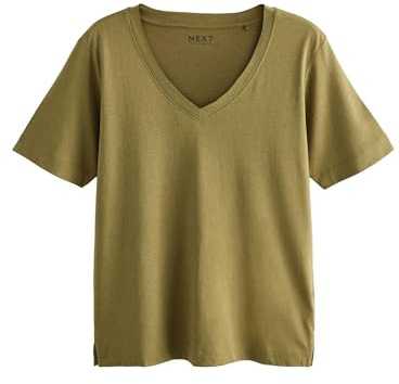 NEXT Damen Standard T-Shirt mit V-Ausschnitt aus Baumwolle und Modal Olivgrün XL