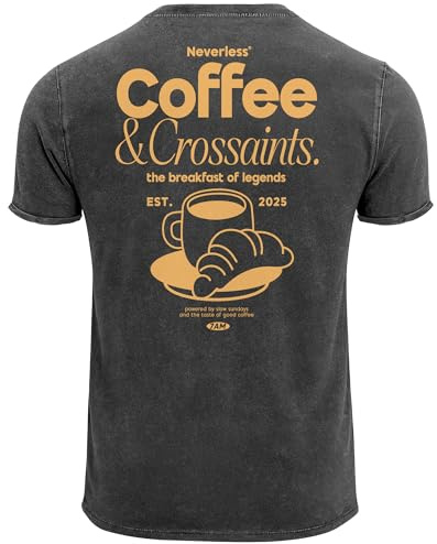 Neverless® Herren Vintage T-Shirt Backprint Printshirt Baumwolle Aufdruck Coffee Croissants Used Look Fashion für Männer