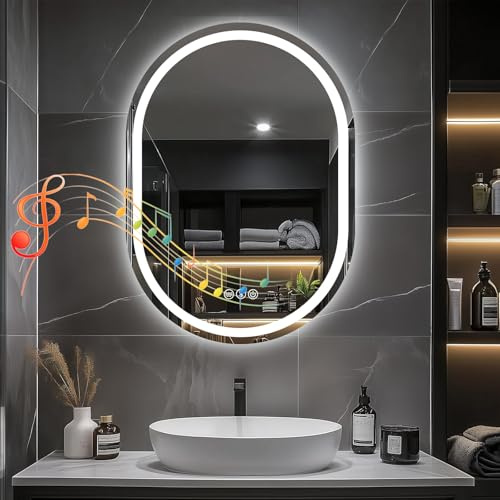 Trintion Badspiegel Mit Beleuchtung, 60x80cm,Oval Spiegel mit Beleuchtung, Badspiegel mit Touch-Schalter, Beschlagfrei,3 Lichtfarbe 3500K-6500K (Bluetooth+Nebelfrei+Dimmbar)