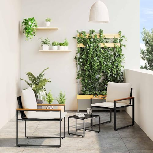 Runheo Gartenmöbel-Set mit Kissen, 3-teilig, Schwarz-Cremeweiß, Rattan, UV-beständig, wetterfest, für Balkon und Terrasse, inklusive Glastisch