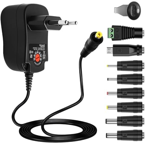 12W Adaptateur Secteur Universel AC DC 3V 4.5V 5V 6V 7.5V 9V 12V | avec 8 Connecteurs DC Transformateur Chargeur Multi-tension pour électroniques Ménagers, LED/Routeur/TV box/Caméra 1000mA Max