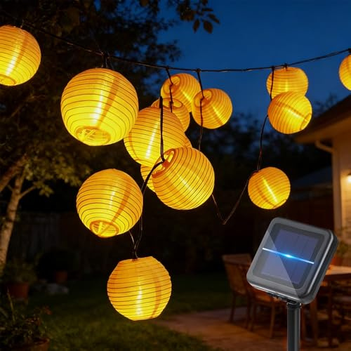 mizikuu Solar Lichterkette Lampions Außen, 10M 50 LED Laternen 8 Modi Lichterkette mit Upgrade Solarpanel Lampions Aussen Wetterfest Memoryfunktion für Garten Balkon Terrasse Hochzeit Hof Warmweiß