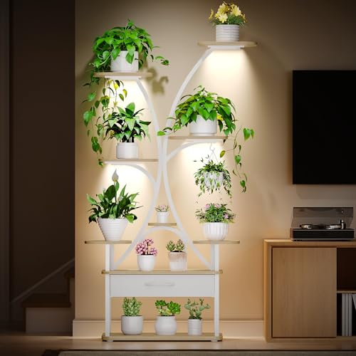 Hzuaneri Plant Stand Indoor with Grow Lights, 9-Tier Plant Shelf with 4 RGB LED Lights, 164 cm Tall Flower Stand with Color and Timing Adjustable for Living Room, Balcony, White PS16016W