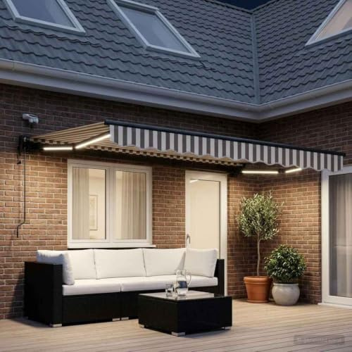 LoogCape Elektrische ausziehbare Markise Hellgrau und Weiß 4,5 x 3 m, Sonnenschutz Balkon Terrasse Garten, Wetterfestes Sonnensegel mit Kurbel, Sichtschutz und UV Rollo für Outdoor Fenster