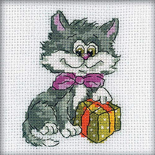 RTO H203 Kitty mit Geschenk Kreuzstichset, Baumwolle, Mehrfarbig, 10x10 cm