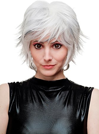 WIG ME UP - SA069-1001H1B Perücke Damenperücke Cosplay Wilde Kurzhaarfrisur Platin/Silber/Weiß mit Schwarz