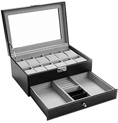 Autoark Scatola Porta Orologi Custodia per 12 Orologi e Gioielli,in Pelle,con Cassetto,Vetro Trasparente,Nero,AW-001