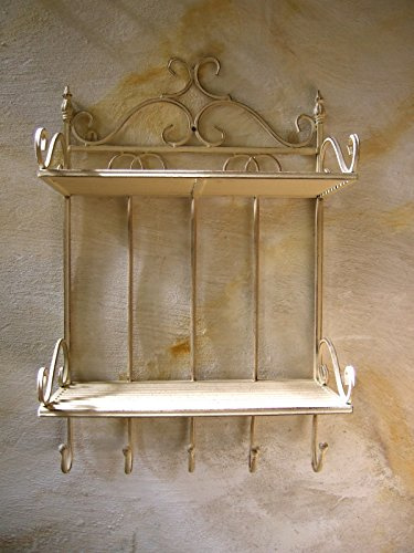 Antikas | Wandregal Aus Schmiedeeisen | 2 Ablagen | 5 Kleiderhaken | Regal In Creme-Weiß