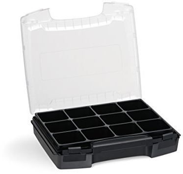 Sortimentskasten transparent mit Klappgriff | i-BOXX (schwarz) mit 12-fach Einlage | Ideal für i-BOXX RACK & LS-BOXX | Sortierkasten tragbar