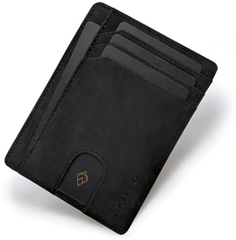 AKIELO Porta Carte di Credito con Blocco RFID in Confezione Regalo – Portafoglio Uomo Slim – Porta Tessere dal Design Minimalista (BRAVO - Edizione Nera)
