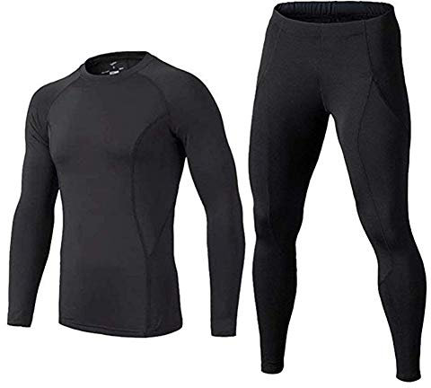 BUYKUD Men's Long Sleeve Base Layer Compression Athletic Underwear Shirt Tights Top & Bottom Set, Black, S(63-67 inch,110-130lb)