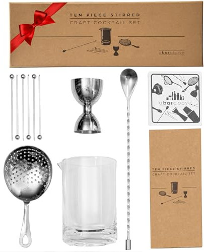 A Bar Above Kit de 10 verres à cocktail mélangeurs en cristal de qualité supérieure pour bar à domicile, comprend une cuillère de bar, une passoire Julep, un verre à mélanger, idéal pour les martinis
