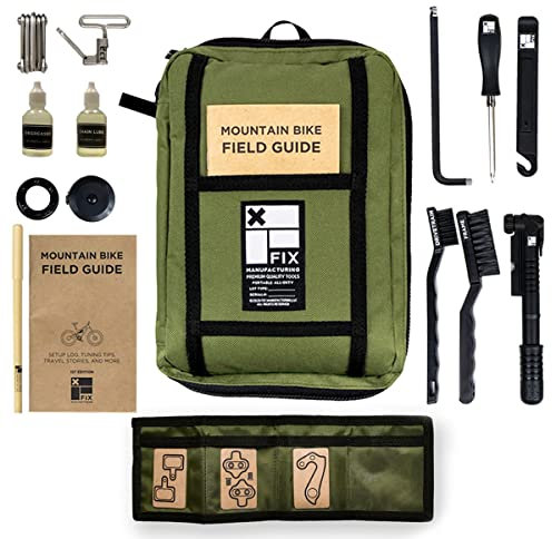 Fix Manufacturing Mountainbike-Reparatur-Set, tragbar, mit 16 wichtigen Werkzeugen, MTB-Kettenbrecher, nachfüllbares Schmiermittel, Fettlöser, Sechskant, Torx-Schraubenschlüssel, Maßband und mehr