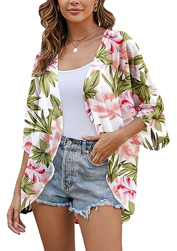 Heynino Womens Chiffon Kimono Cardigans Open Front Floral Print Beach Cover up Capes Sheer Loose Blouse Tops