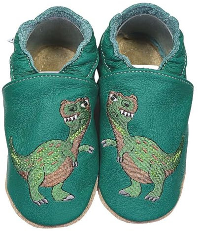 HOBEA-Germany Kitaschuhe Safestep, Kinderhausschuhe, Lederschuhe (Dinosaurier grün, 30/31)