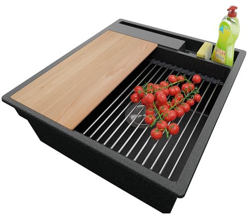 PRIMAGRAN Evier Cuisine en Granit Graphite 48x53cm, Lavabo 1 bac + Kit de Vidage + Accessoires, Évier à Encastrer au meuble 50cm - Oslo Pocket