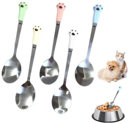 SamHeng Colorful Pet Food Spoons, 5 Pcs Stainless Steel Cat Claw Spoon Pet Can Spoons, Kitten Puppy Universal Long Handle Food Scoop Dog Feeding Spoons for Wet Food Canned Spoon