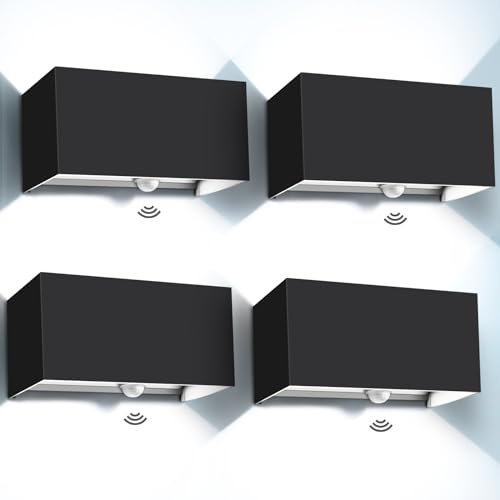 Kingwen 4 Stück 20W LED Aussenlampe mit Bewegungsmelder Kaltweiß Wandleuchte innen/aussen 6000K LED Wandleuchte Innen Schwarz Rechteckig Verstellbar Abstrahlwinkel Wandlampe Aussen IP65