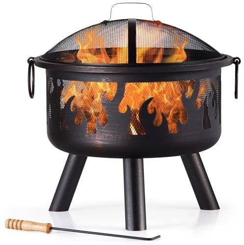 Vonhaus Braciere per esterni, giardino e patio – portatile e leggero, in acciaio bronzato marrone, attizzatoio, rete protettiva e maniglie, legna o carbone (Nero con Motivo Fiamma)