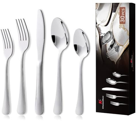 KitchenBoss Besteck Set 6 Personen: Besteckset 30 Teilig, Cutlery Set, Edelstahl Besteck, Essbesteck, Spülmaschinenfest Silber