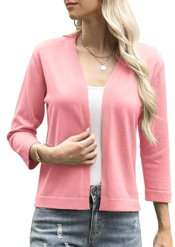 Aottori Boléro Femme Chic et Élégant Tricot Gilet Court Cardigan Manches 3/4 Veste Top pour Robe Mariage Bretelle Soirée Fête Décontracté Rose L
