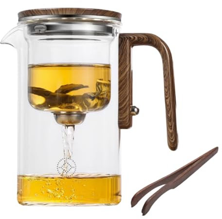 JIABAOZ Teiera Magica, Teiera in Vetro con Manico in Legno for La Separazione dell'Acqua, Teiera in Vetro con Colino, Teiera Trasparente con Rivestimento in Vetro, Teiera Trasparente (520ml)