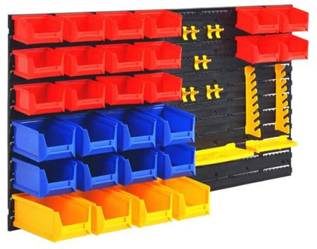 qohoio Wall-Mountable Garage Tool Organiser-Wall Mounted Storage Bins Backboard DIY Stackable Workshop Storage for Tools Hardwares Crafts Plastic Bin Panel Rack with Screws for Tool Shed Garage Worksh