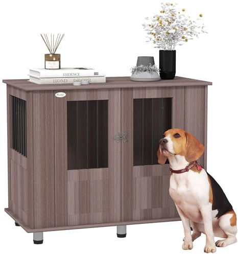 PawHut Dog Crate Furniture End Table, Pet Kennel for Medium and Large Dogs with Magnetic Door, Purple, 95 x 55 x 75 cm