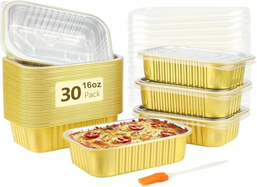 LATERN 30 Piezas Bandejas de Aluminio con Tapa, 500ml Molde de Aluminio para Hornear Recipiente para Comida para Llevar Mini Moldes para Pan para Hornear Cocinar Asar Preparar Comidas Calentar Llevar
