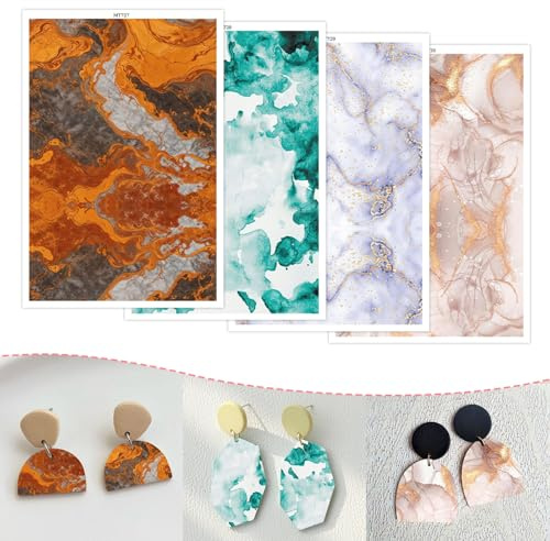 Lot de 20 feuilles de papier de transfert pour argile polymère, 4 motifs marbrés fluides, double face, feuilles de transfert jetables pour la fabrication de bijoux | Qualité d'impression vive | 15 x 9