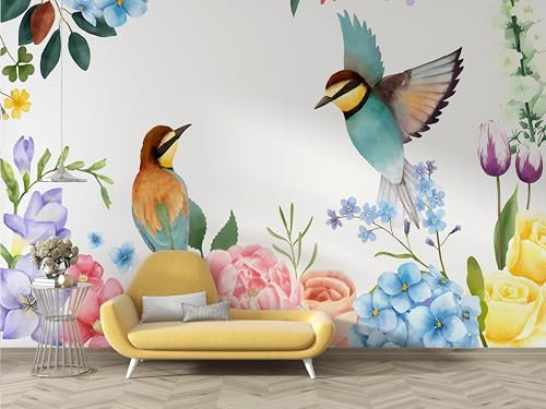 dyausi Birds Wallpaper Mural, Watercolor Floral Wall Murals, Self-Adhesive Photo Wallpaper Home Decoration, Small Wall Sticker for Living Room Bedroom 150 * 105cm (W*H) C89