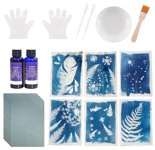35Pcs Cyanotype Paper Kit,24 Sheets A6 Sensitive Sun Art Paper,50ml Cyanotype Sensitizer,Complete Solar Printing Supplies for DIY Art,Photography,and Fabric Projects