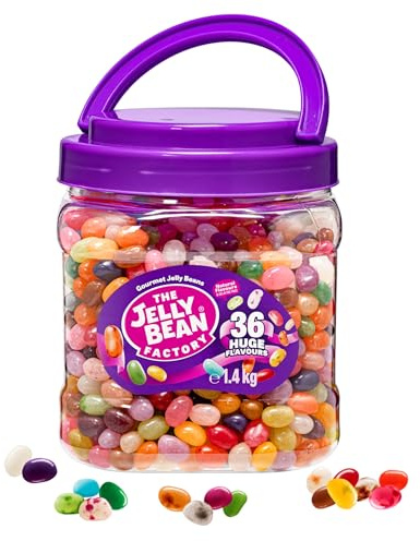 The Jelly Bean Factory, Jelly Beans 1.4 KG Gift Jar - 36 Huge Gourmet Flavours, Gluten Free, Plant Based, Natural Flavours - Pick and Mix Jellybeans Sweets, Fruity, Chewy for Adults, Kids, Birthday