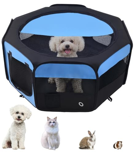 PawHut 600D Oxford Soft Fabric Kennel Cat Dog Playpen Dia 90 x 41H cm Blue | Portable Lightweight Foldable Pet Puppy Rabbit Guinea Pig Pen Run, Indoor & Outdoor