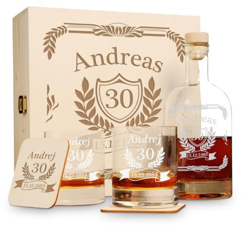 6 TLG Geschenk-Set in Holzkiste mit Gravur - 2 Whiskygläser, 2 Untersetzer und Whisky-Karaffe in Geschenk-Box - Personalisiert zum Geburtstag - Motiv Jubiläum