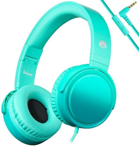 RockPapa Kinder Kopfhörer, Kabel Kopfhörer für Kinder, HD Stereo Kopfhörer mit Mikrofon für Kinder Jungen und Mädchen, Faltbare Kopfhörer für Handy, Tablet,PC (Teal)