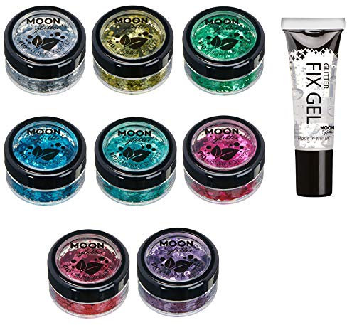 Biologisch abbaubarer Öko-Glitter von Moon Glitter - 100% kosmetischer Bio-Glitter für Gesicht, Körper, Nägel, Haare und Lippen - 6er-Set á 3g - plus Glitter-Fixierungsgel