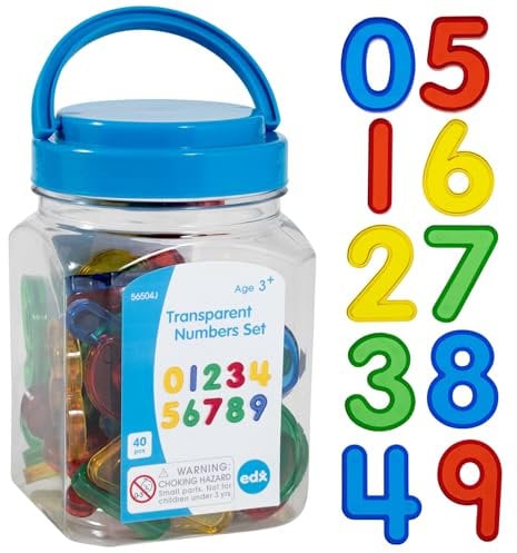 edxeducation Transparent Numbers Set - Mini Jar - Set of 40 - Colourful Plastic Numbers - Light Box Accessory - Sensory Play - Maths Manipulative for Kids