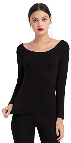 Mcilia Women's Ultrathin Modal Thermal Baselayer Top Scoop Neck Long Sleeve Undershirt Black X-Large (UK Size 20)