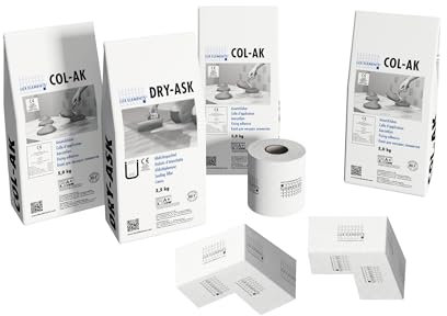 LUX ELEMENTS Mittleres Montage-Set für Duschböden TUB-KIT UNI GK I 3 x 5kg Ansetzkleber + 3,5 kg Dichtspachtel + 10m Dichtband + 2x Dichtband-Innenecken Weiß