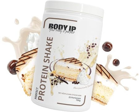 BODY IP Perfect Protein Pulver | dein Süßigkeitenersatz | Marzipantorte | Whey Isolat, Whey Konzentrat & Casein | hoher BCAA Anteil | 30 Portionen | Protein Shake für Muskelaufbau | 750g