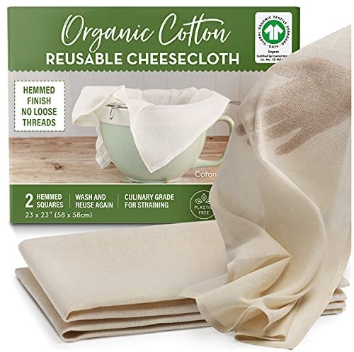 Étamine en coton bio écru à filtrer – 2 carrés ourlés réutilisables certifiés GOTS – Grande passoire réutilisable – 58,4 x 58,4 cm