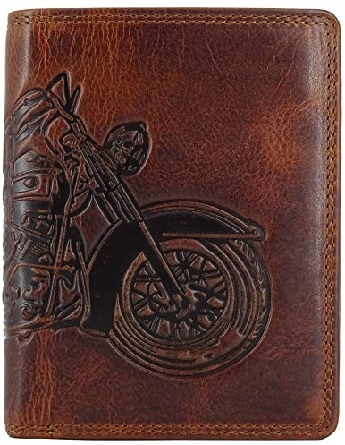 Fregery ® große Geldbörse aus Leder für Herren Männer RFID-Schutz mit Münzfach und Prägung Echtleder Geldbeutel Portemonnaie (braun Motorrad, Motorcycle, Motorbike, Motors) (Hochformat)