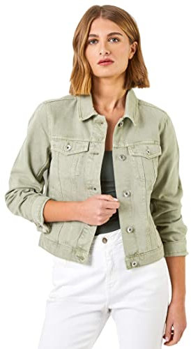 Roman Originals Jean Denim Jacket for Women UK Ladies 100% Cotton Summer Casual Stretch Crop Smart Utility Trucker Biker Fitted Vintage Wash Faded Classic Jeans Work Twill - Sage - Size 20