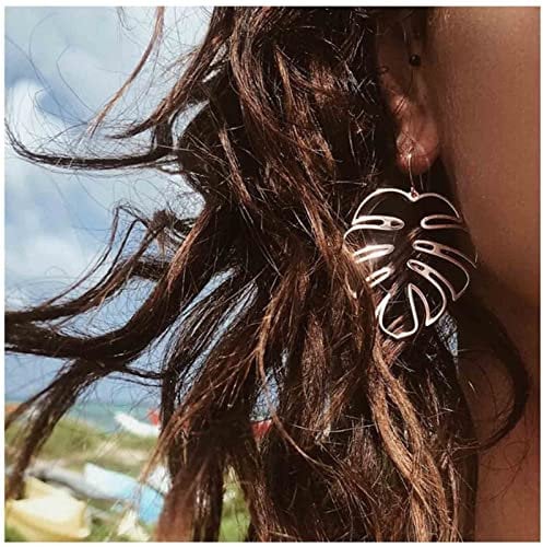 Yheakne Boho Monstera Leaf Earrings Silver Palm Leaf Hook Earrings Wire Leaf Dangle Earrings Tropical Plant Leaf Drop Earrings Jewelry for Women and Gilrs (Silver)