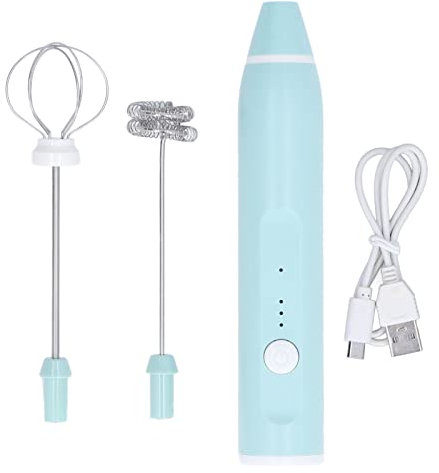 Mousseur à lait électrique Fouet à crème sans fil Charge USB Mélangeur à beurre automatique Batteur à œufs portable avec 2 têtes de batteur à œufs pour café(Bleu)