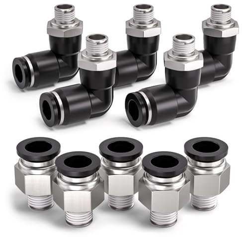 Bwintech 10 piezas de tubo de 10 mm a rosca macho BSP de 1/8 recto y codo de 90 grados Push in Connect Racor neumático,PL10-01/PC10-01 Adaptador rápido para línea de aire
